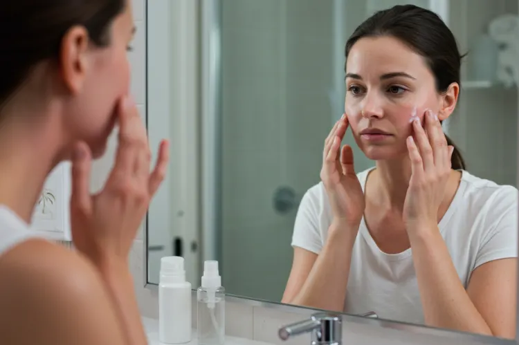Portrait of a woman at home looking in the mirror.
