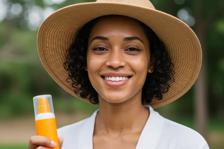A smiling woman outdoors with a hat, skin smoother.