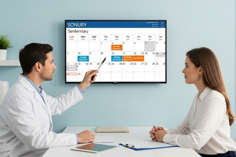 A doctor consulting with a patient in a modern clinic, pointing at a calendar with weekly.