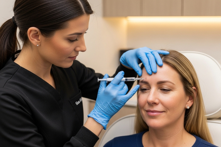 A professional applying Botox injection with precision in a med spa, natural wrinkle reduction result.