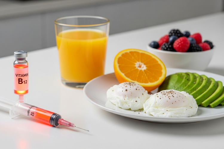 A sleek wellness-themed design: a syringe with Vitamin B12 vial glowing in red/orange tones, placed next to a fresh breakfast .