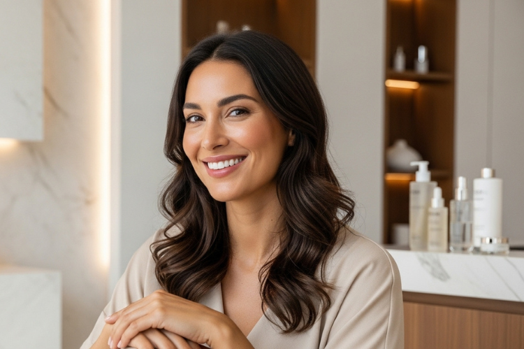 A smiling woman with radiant, glowing skin sitting in a modern med spa environment.