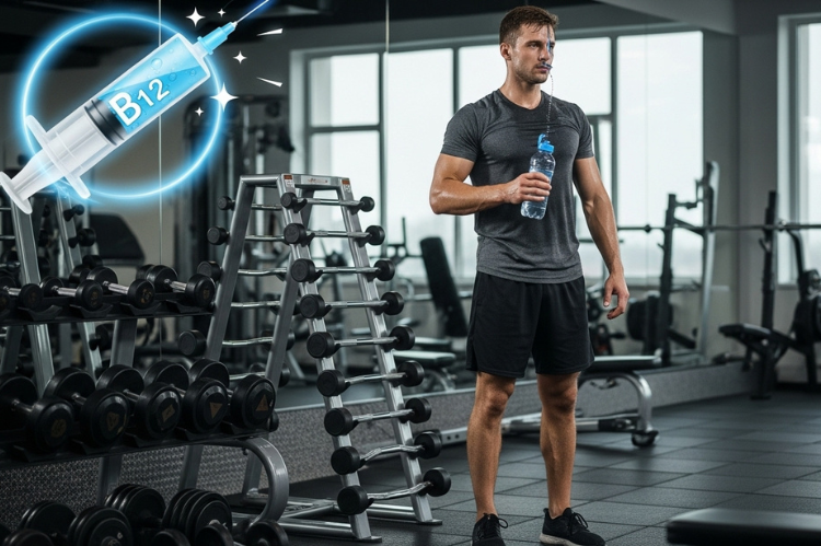 An athlete in workout clothes at the gym, holding a water bottle and standing beside a rack of weights.