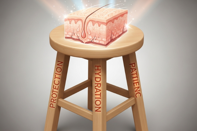 A symbolic image of a “three-legged stool” labeled Protection, Hydration.