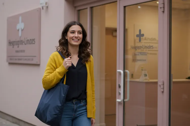 Peaceful moment of a woman smiling post-checkup while walking out of a clinic.