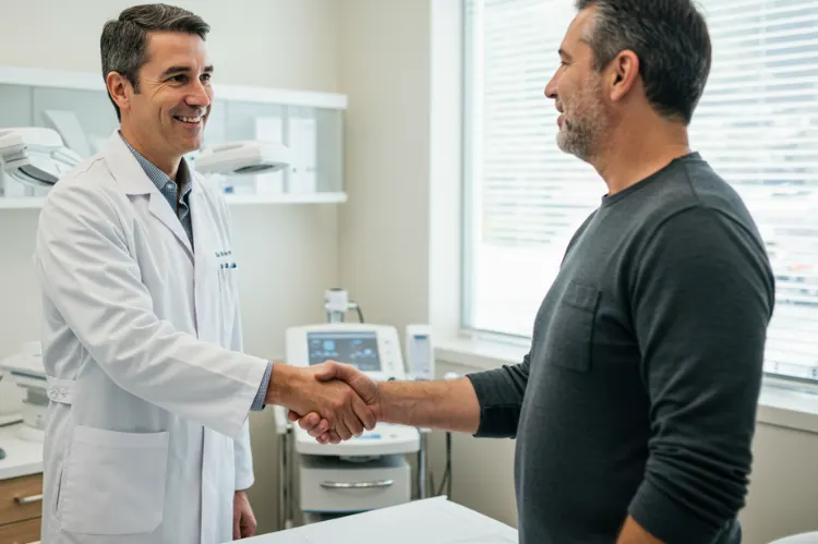 Professional skin cancer clinic with a friendly dermatologist shaking hands with a patient.