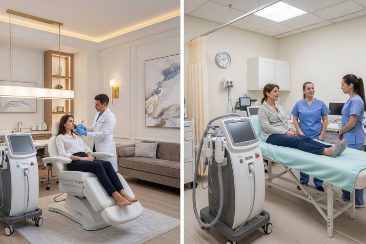 luxury urban dermatology clinic with upscale design and higher price tag vs.