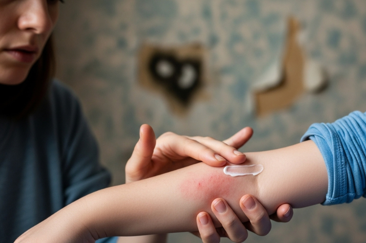 Close-up of irritated red rash on a child’s arm, mother applying cream.