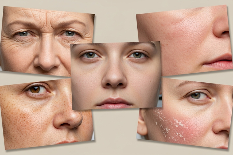Collage of common skin concerns: wrinkles, acne scars, dull complexion, sun damage, and dry skin.
