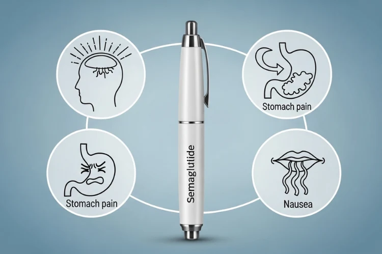 Semaglutide pen with side effect icons