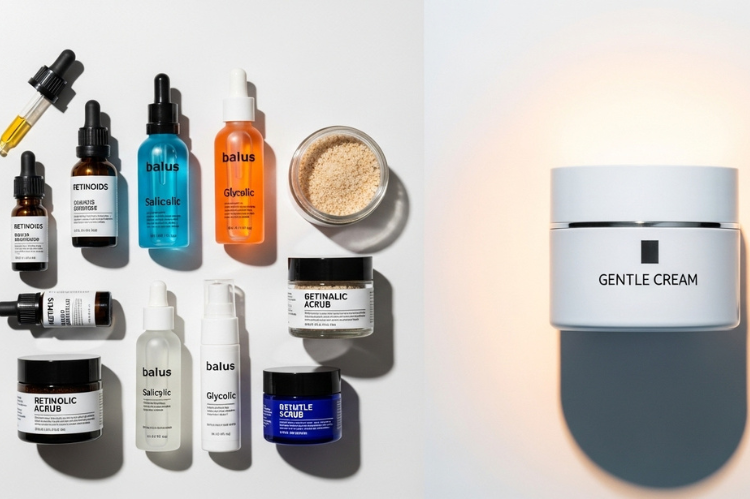 A collection of skincare products over retinoids, acids, and scrubs.