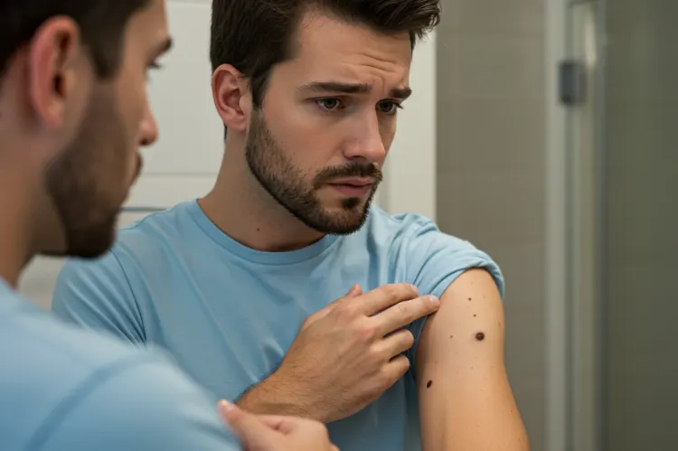Young man looking concerned while checking his moles in the mirror at home.