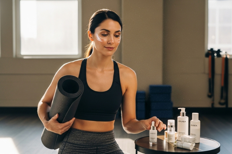 A fitness studio scene with a woman holding a yoga mat but hesitating.