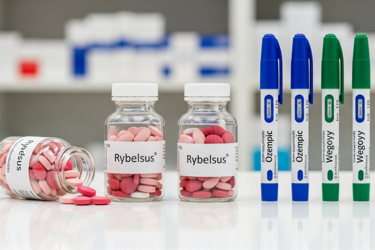 A neat display of Semaglutide medications: pill bottles labeled “Rybelsus” 
