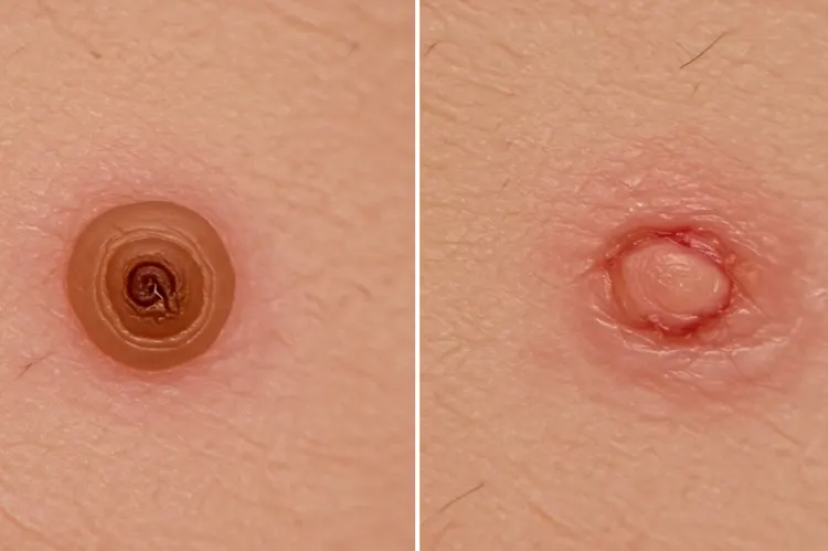 Side-by-side visual: on one side, a small mole identified early; on the other, a larger untreated lesion.