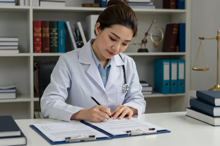 A medical professional signing official documents.