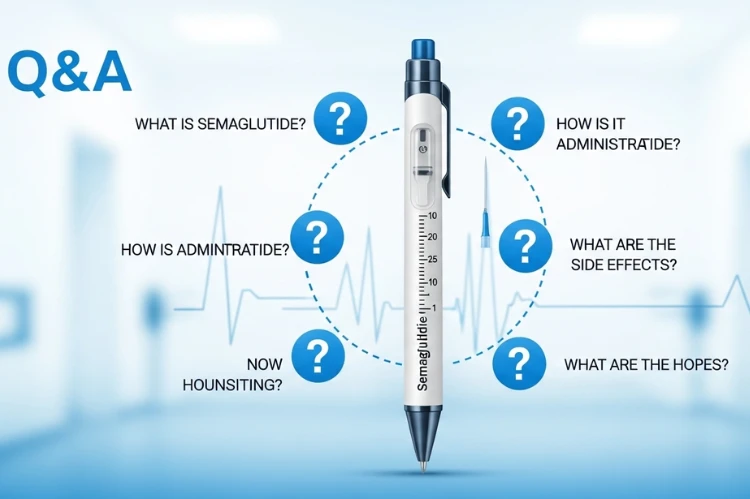 Semaglutide pen with Q&A icons