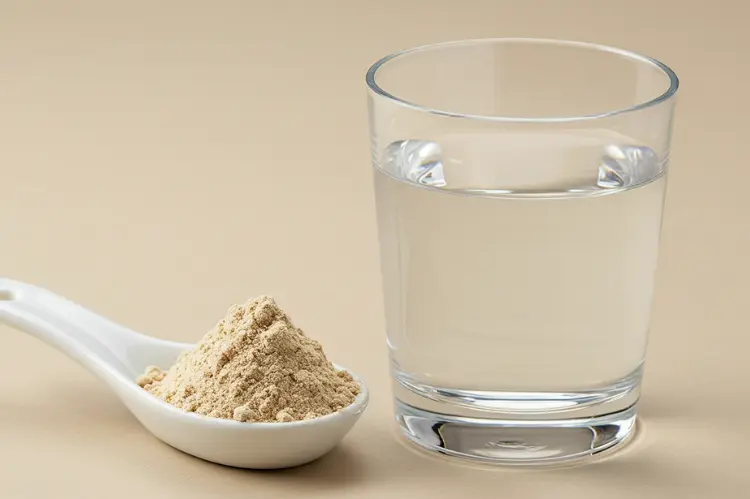 a scoop of soluble fiber powder next to a glass of water.