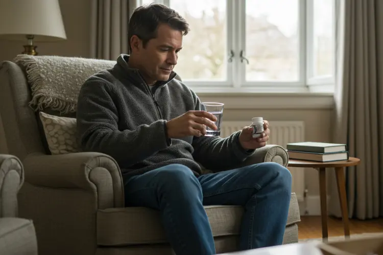 Cozy scene of a person holding a glass of water and a small supplement organizer.