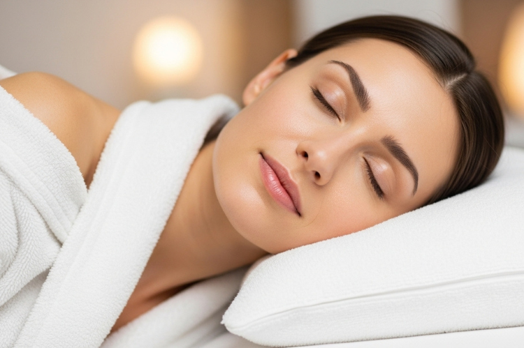 A serene woman with a bare face, eyes closed, relaxing in a cozy robe.