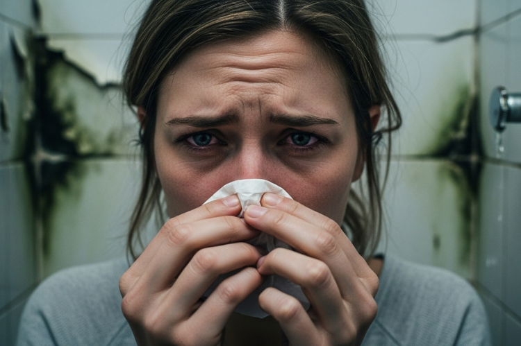 Holding her nose with watery eyes, background showing a damp.