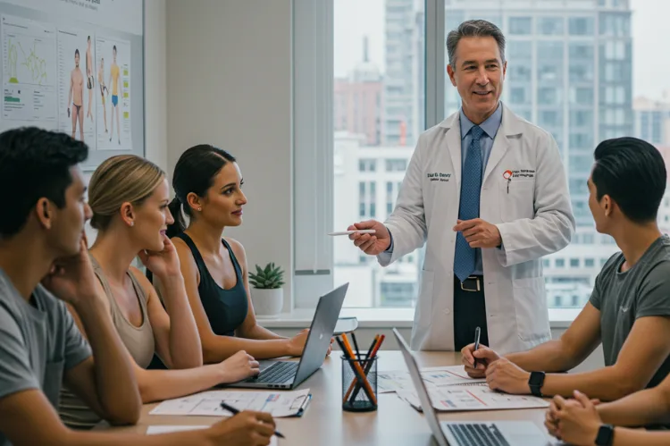 A medical director guiding a fitness and nutrition team.