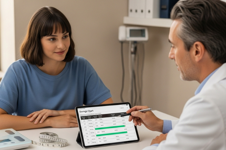 A thoughtful patient sitting at a clinic table with a doctor showing a dosage chart.