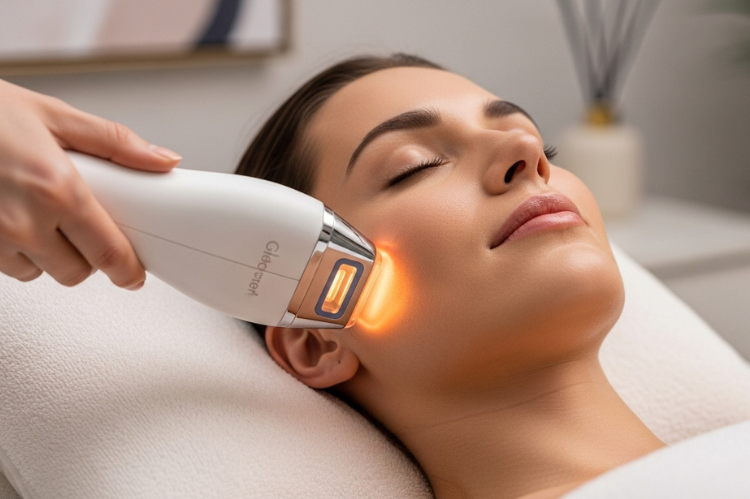 Close-up of a serene woman undergoing IPL face treatment.
