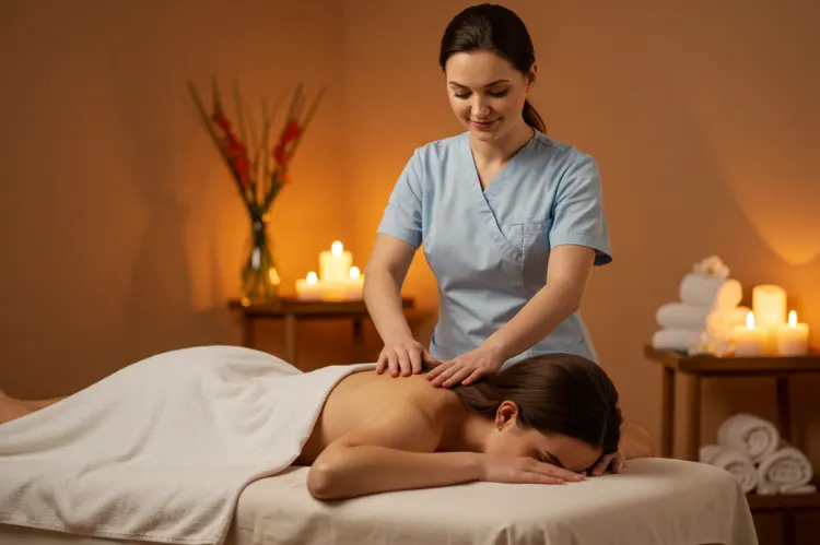 A serene spa environment with a woman lying.