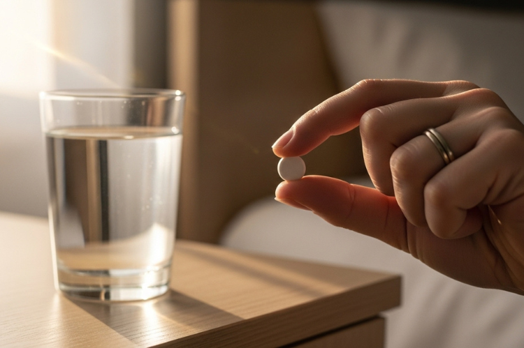 A realistic of a hand holding a small white pill with a glass of plain water on a bedside table.