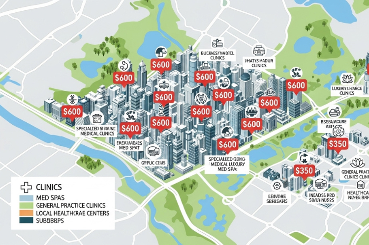 Stylized map with city vs. suburban clinics marked by price tags ($600 vs. $350).