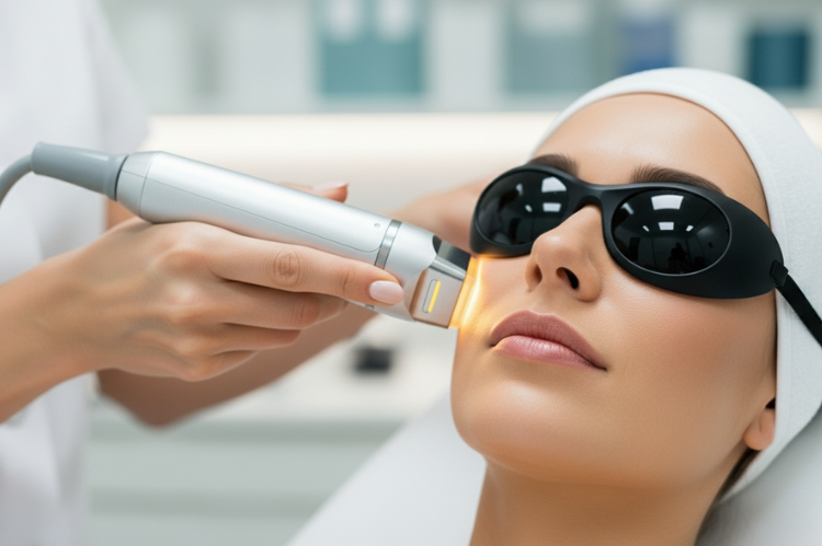 A modern dermatology clinic aesthetic close up of a woman receiving IPL treatment.