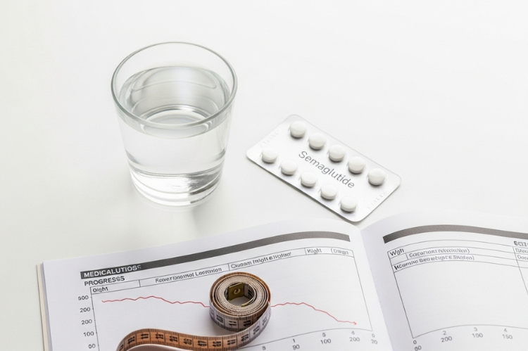 A modern flat-lay of a glass of water, a blister pack of round white tablets.