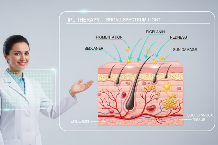 Illustration of a dermatologist explaining (IPL) therapy, showing a skin.