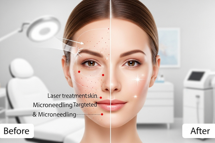 Laser treatment and microneedling illustration in med spa setting, smooth skin before and after effect.
