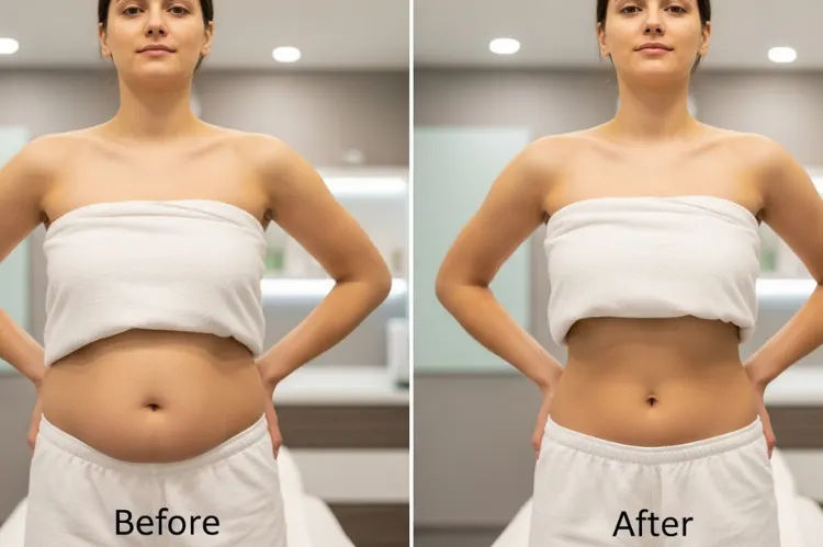 Before and after comparison of bloated vs. flatter stomach, healthy relaxed body posture after massage, clinical spa background.