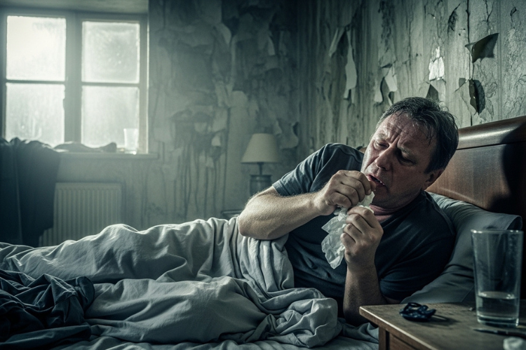 Man coughing at night in bed, dim bedroom with moldy walls and visible dampness.