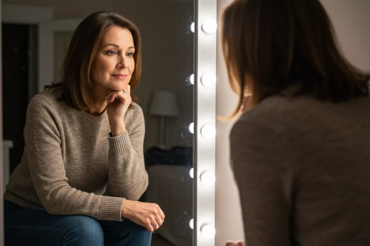 a middle-aged woman looking into a mirror.
