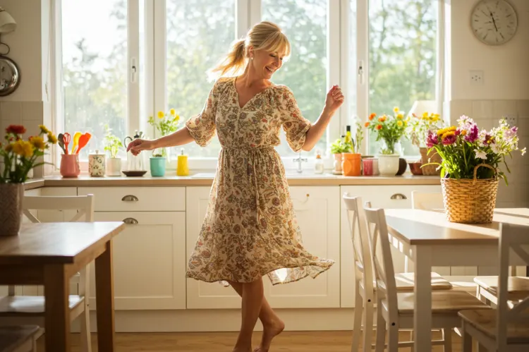 Energetic midlife woman joyfully dancing barefoot in her kitchen.