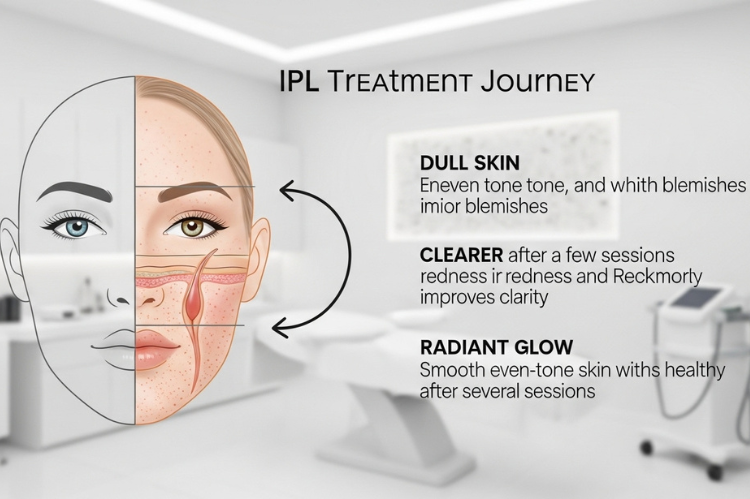 IPL treatment journey alongside a face illustration showing gradual improvement.