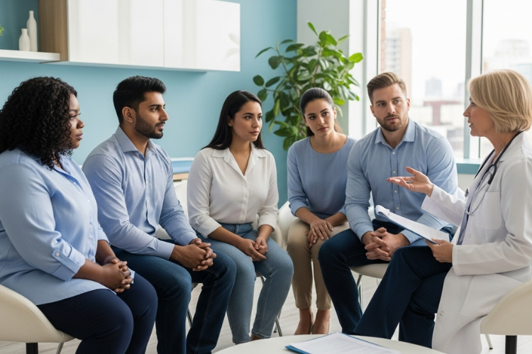 A diverse group of adults consulting with a doctor in a clinical setting. 
