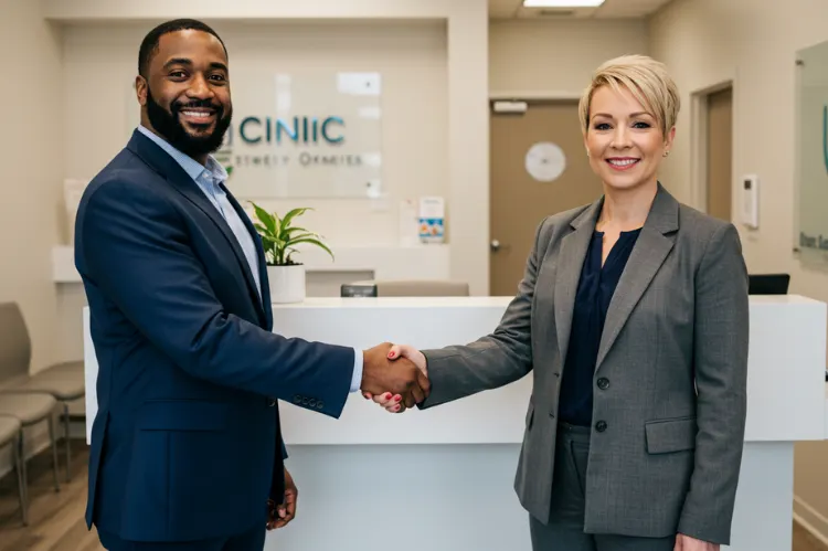 Two clinic owners shaking hands in a professional setting.