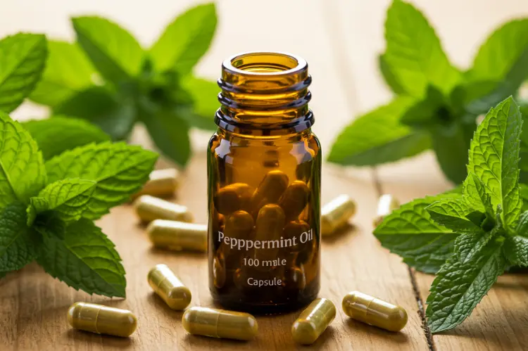 A small amber bottle of peppermint oil capsules with fresh peppermint leaves.