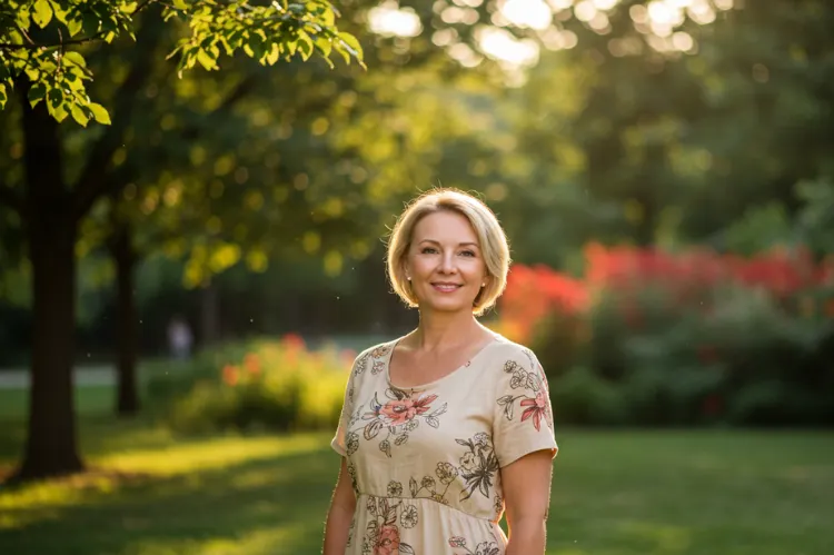 Middle-aged woman standing alone on a park.