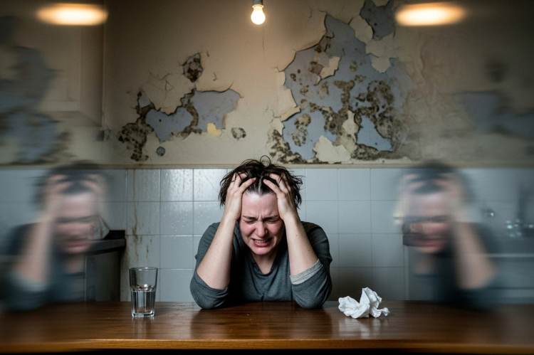 Person at home holding head in pain, with blurred vision effect.