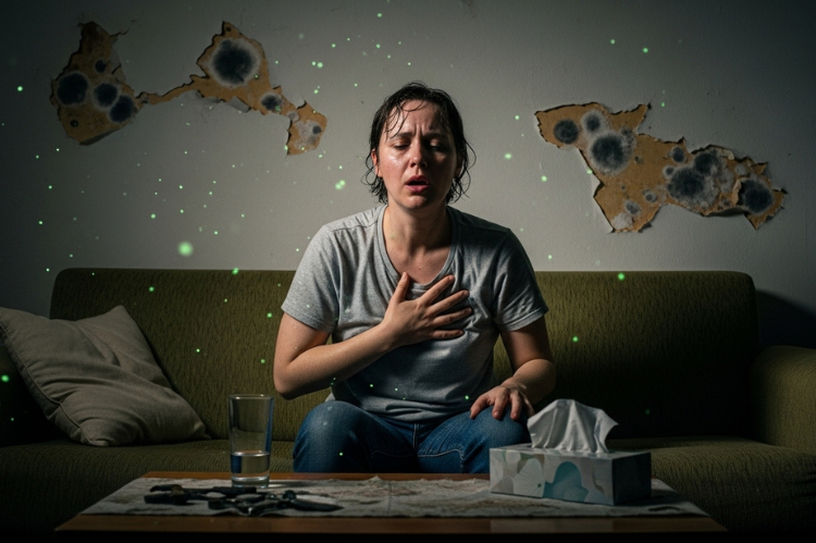 Person sitting on a couch holding their chest, struggling to breathe, with subtle visible spores in the air.