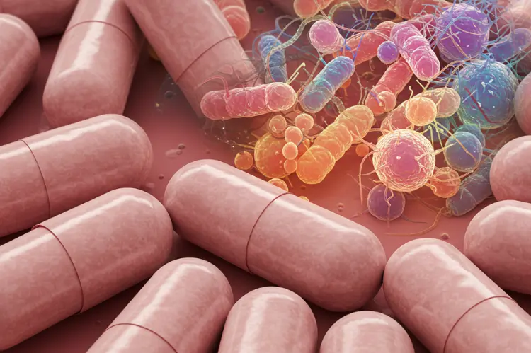 Macro shot of probiotic capsules with a glowing microscopic visualization of healthy.