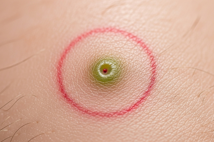 Realistic close-up showing mild redness and small bruise on skin after injection, medical clarity without exaggeration.