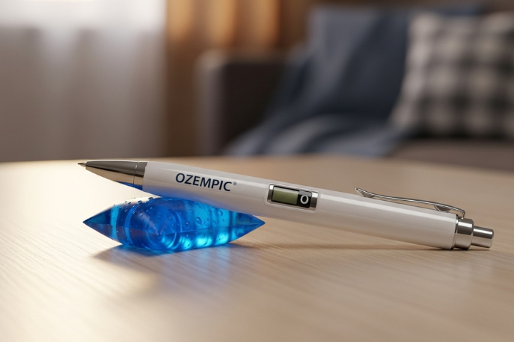 Realistic image of an Ozempic pen placed on a clean table with a small ice pack.