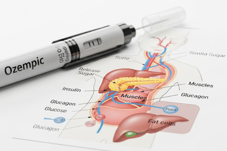 Realistic medical-style image of an Ozempic injection pen beside a diagram of the human.